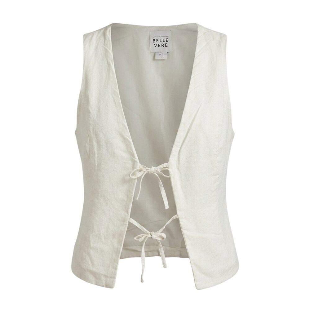 BELLE VERE White Linen Blend Tie-Front Vest Women's Size 4 Quiet Luxury Boho